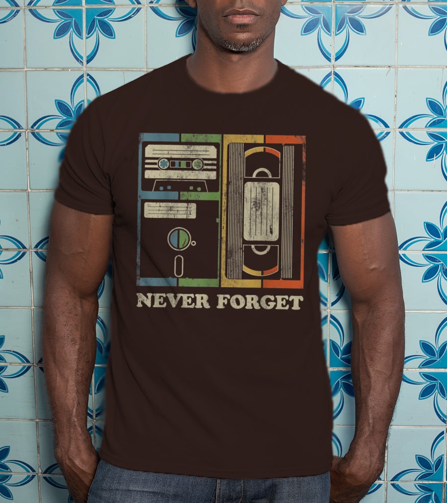 Never Forget Retro Vintage Cassette Floppy VHS Cool Funny Geeky Nerdy T-Shirt
