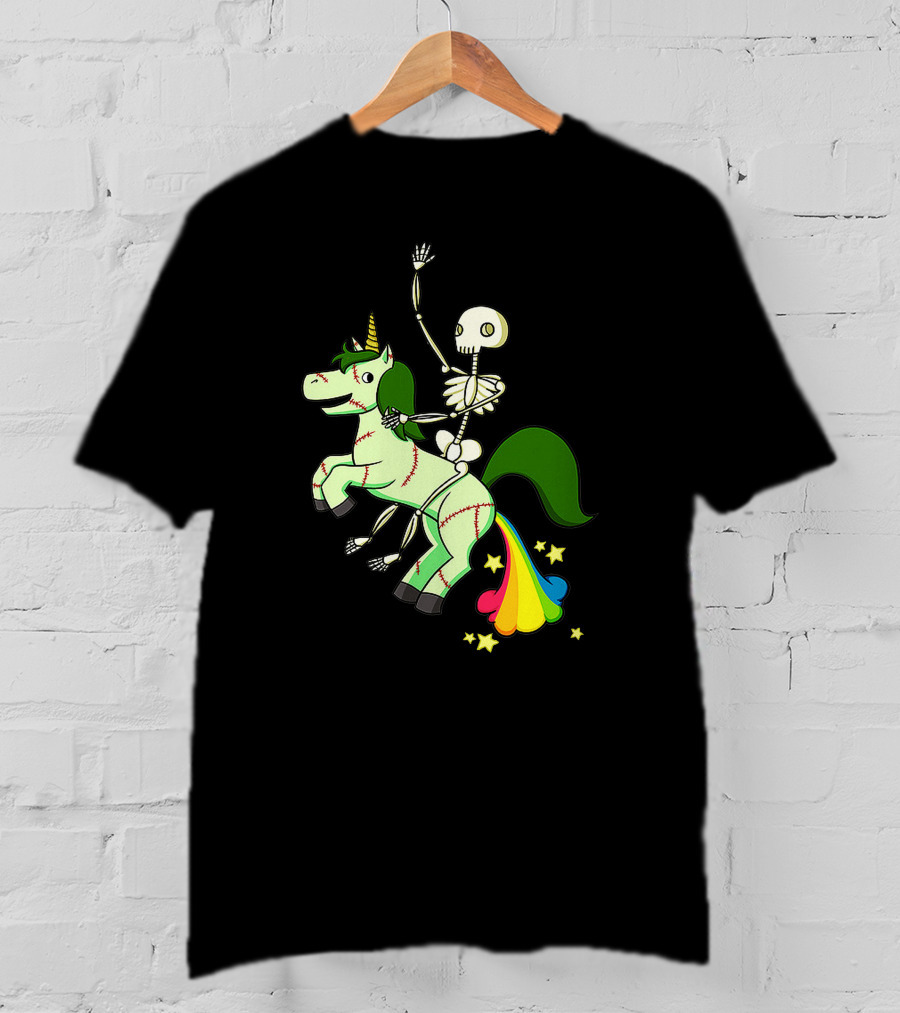 Skull Skeleton Riding Zombie Unicorn With Rainbow Tail And Green Mane T-Shirt
