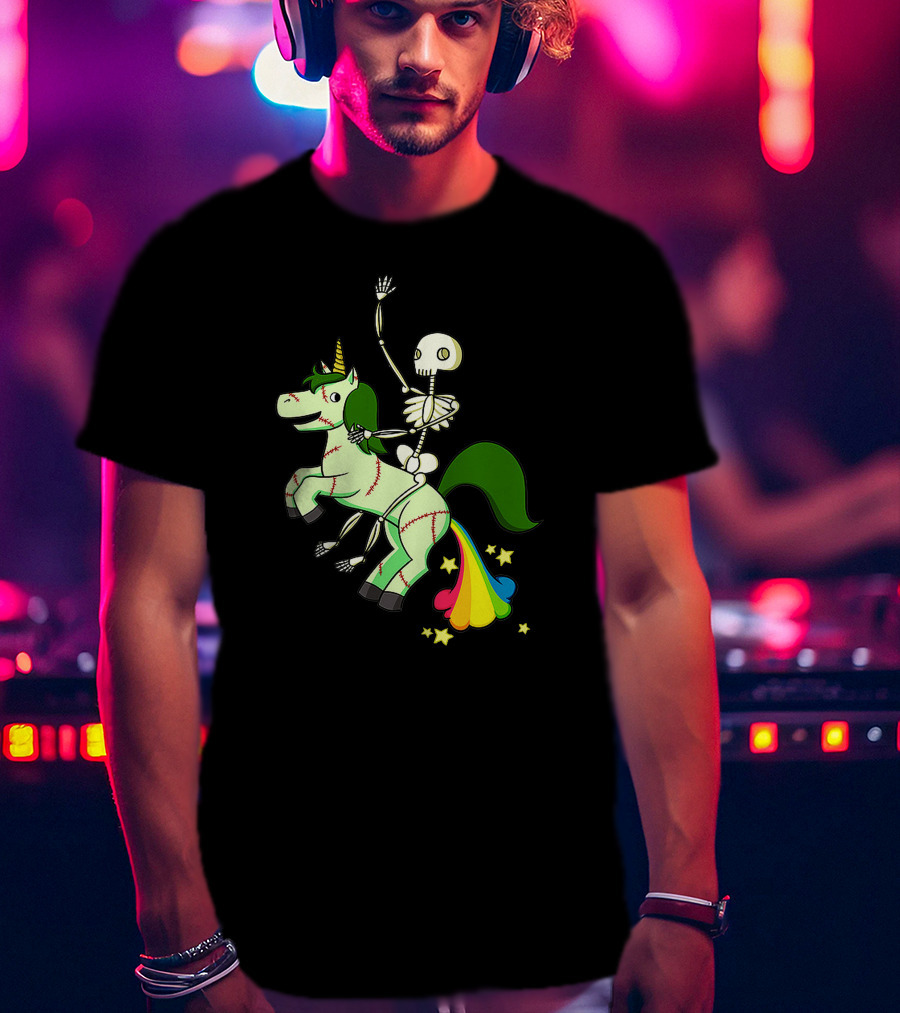 Skull Skeleton Riding Zombie Unicorn With Rainbow Tail And Green Mane T-Shirt