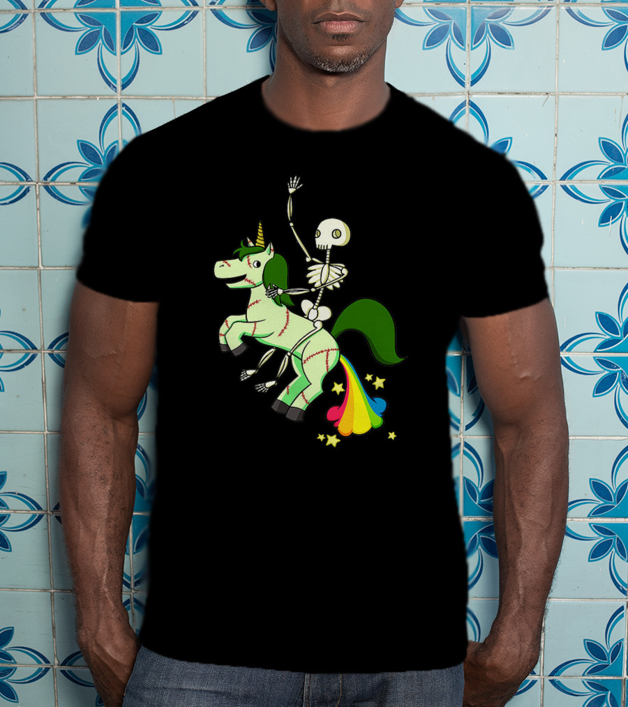 Skull Skeleton Riding Zombie Unicorn With Rainbow Tail And Green Mane T-Shirt