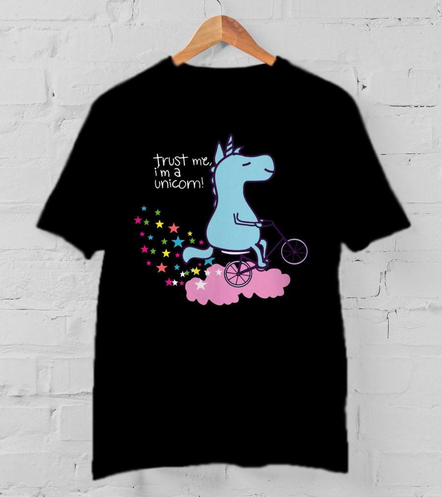Trust Me I'm A Unicorn Riding Bicycle On Pink Cloud With Colorful Stars T-Shirt