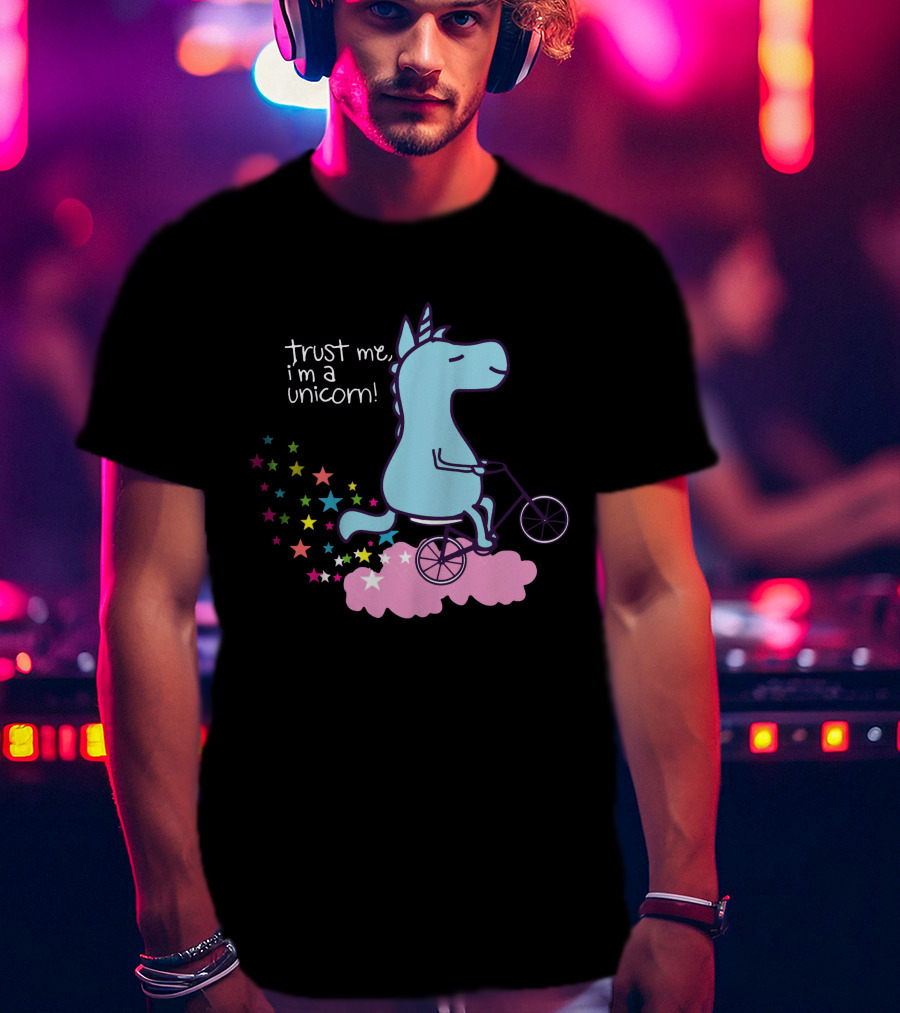 Trust Me I'm A Unicorn Riding Bicycle On Pink Cloud With Colorful Stars T-Shirt