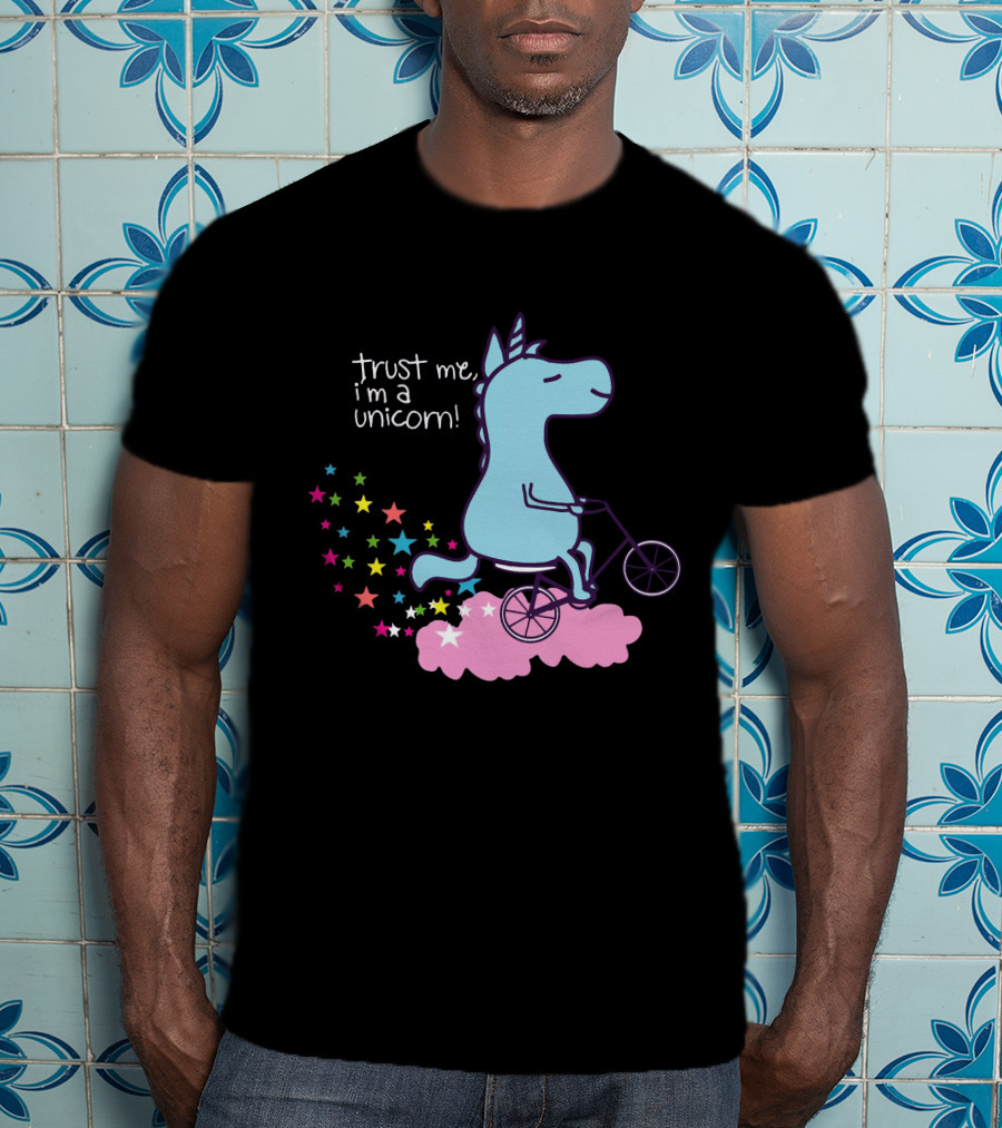 Trust Me I'm A Unicorn Riding Bicycle On Pink Cloud With Colorful Stars T-Shirt