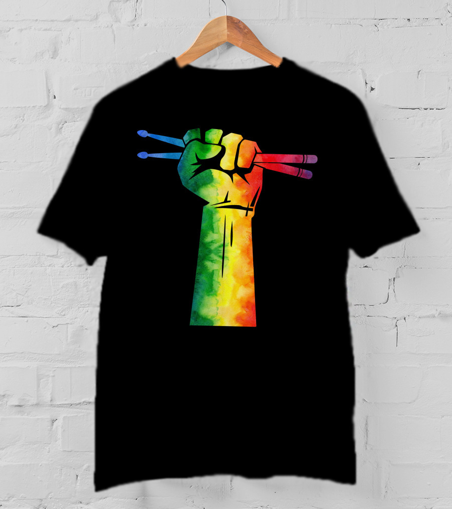 Drumstick Drummer Rainbow Fist T-Shirt