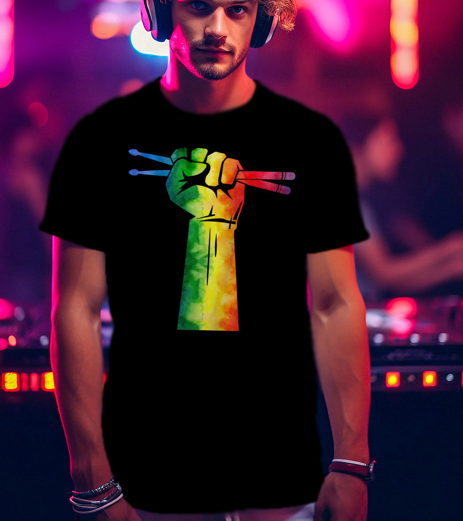 Drumstick Drummer Rainbow Fist T-Shirt