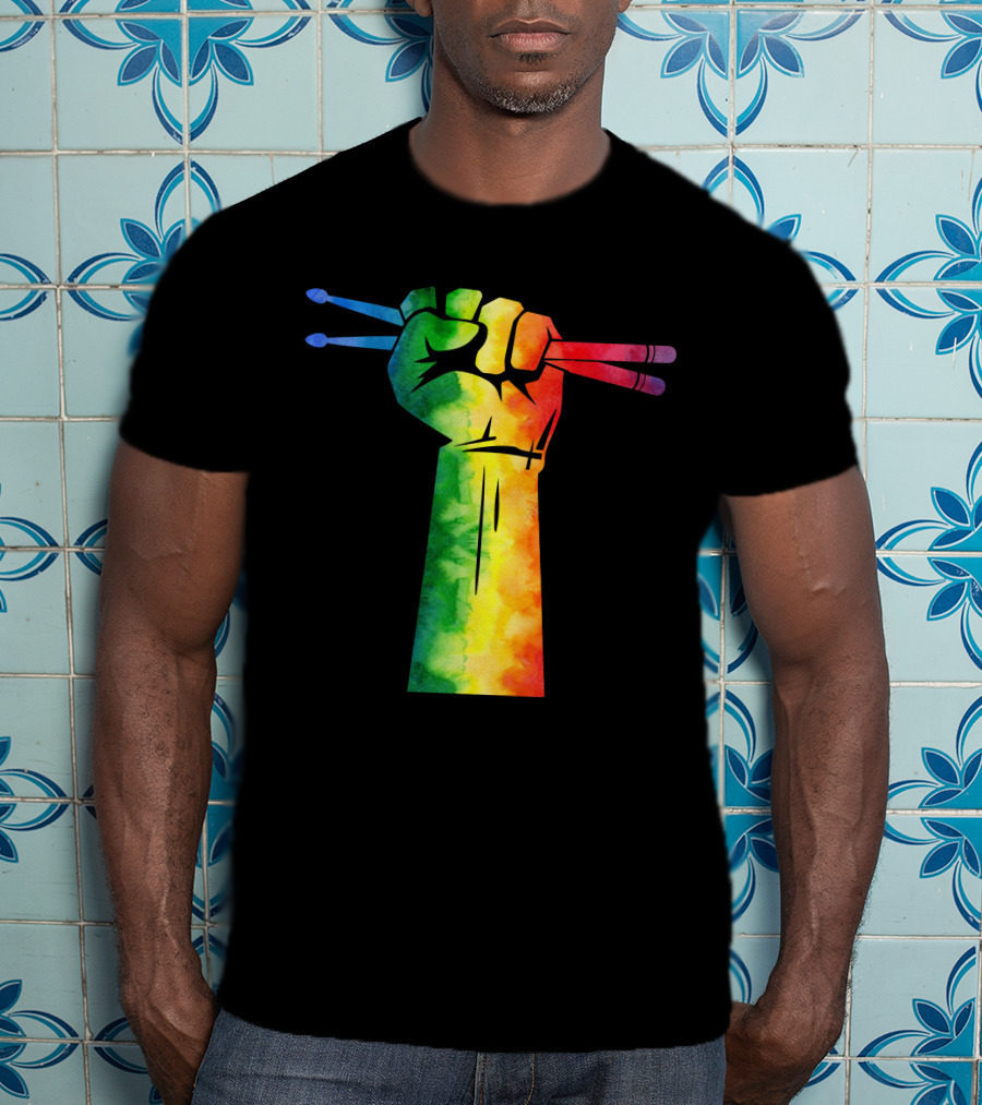 Drumstick Drummer Rainbow Fist T-Shirt