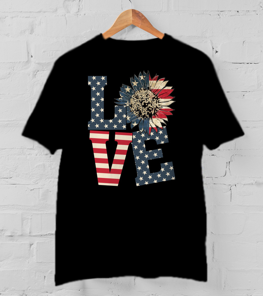 Sunflower Love American Flag Stars And Stripes Flower T-Shirt