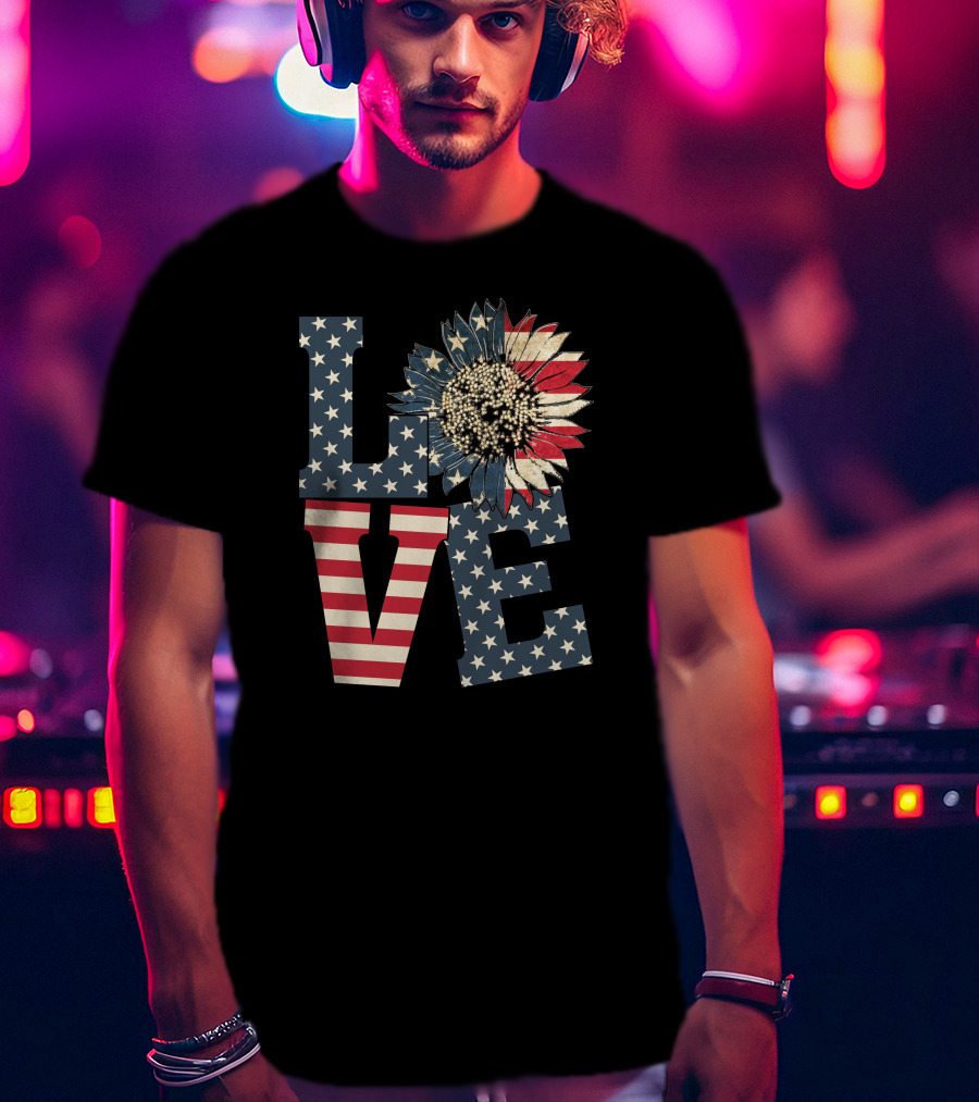 Sunflower Love American Flag Stars And Stripes Flower T-Shirt