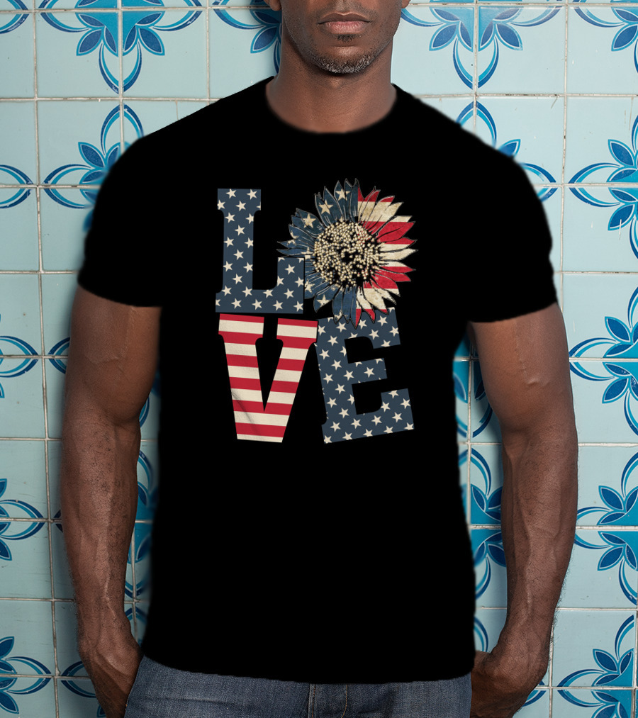 Sunflower Love American Flag Stars And Stripes Flower T-Shirt