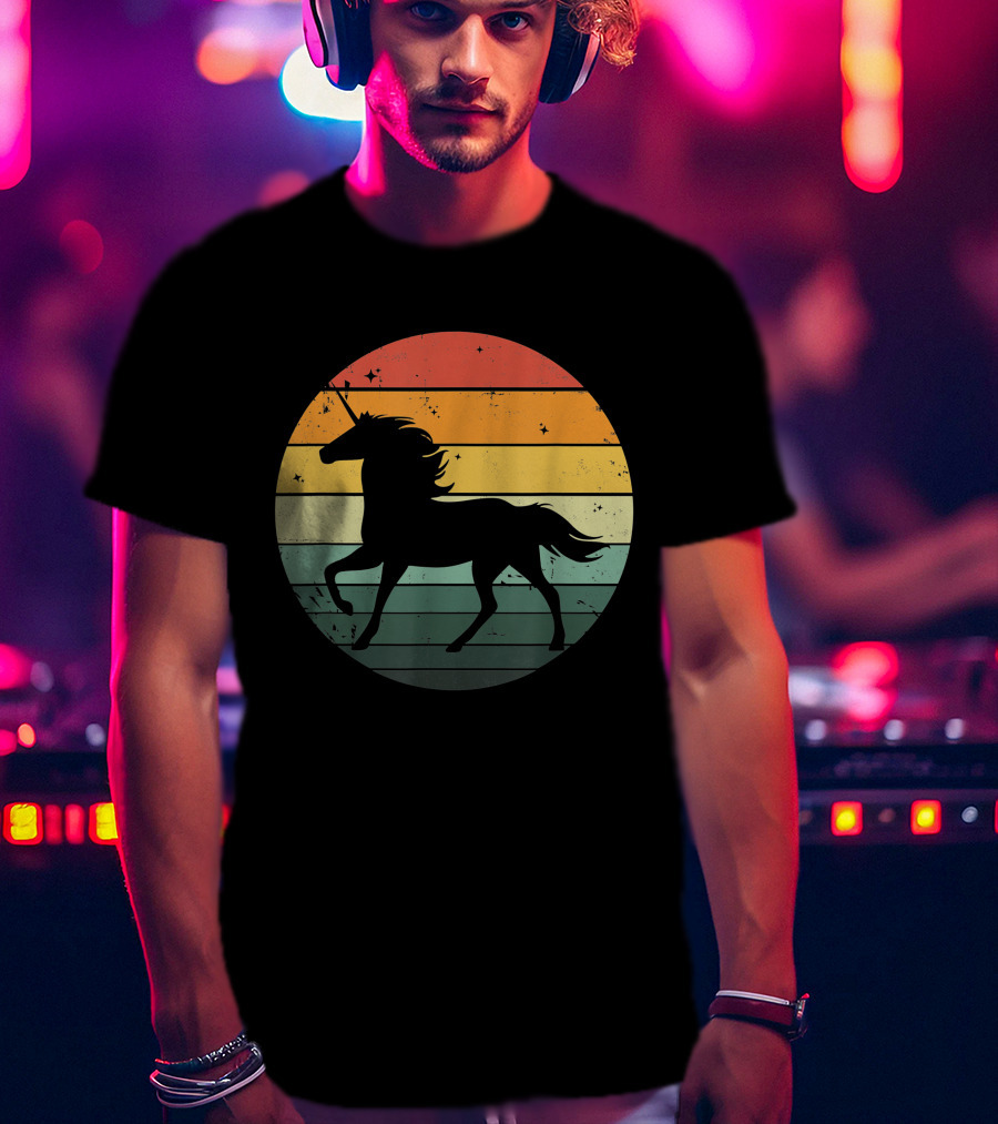 Unicorn Silhouette Against Retro 70s Sunset Stripes T-Shirt