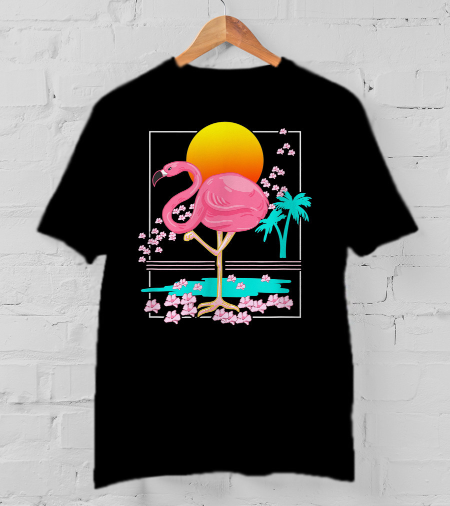 Flamingo Tropical Flowers And Sunset Scene T-Shirt