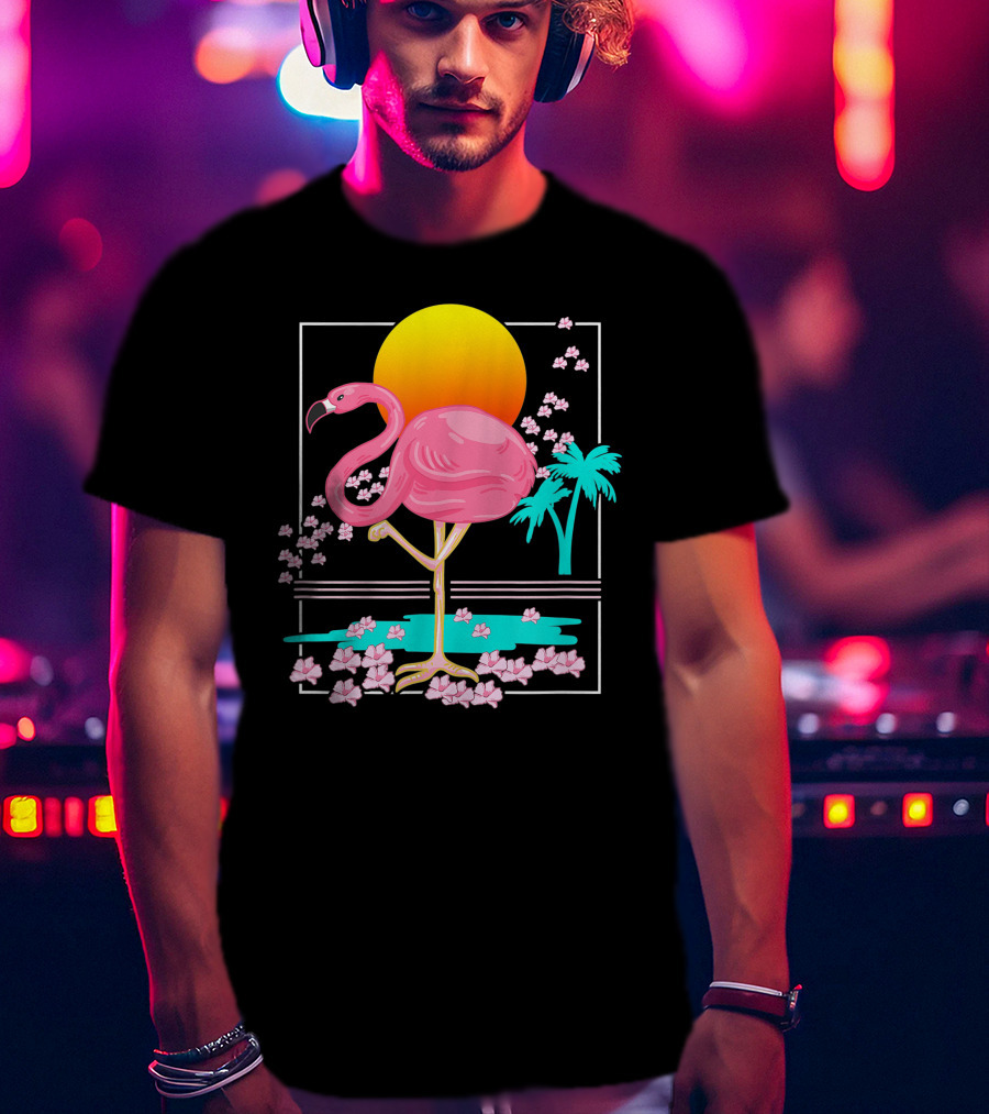 Flamingo Tropical Flowers And Sunset Scene T-Shirt