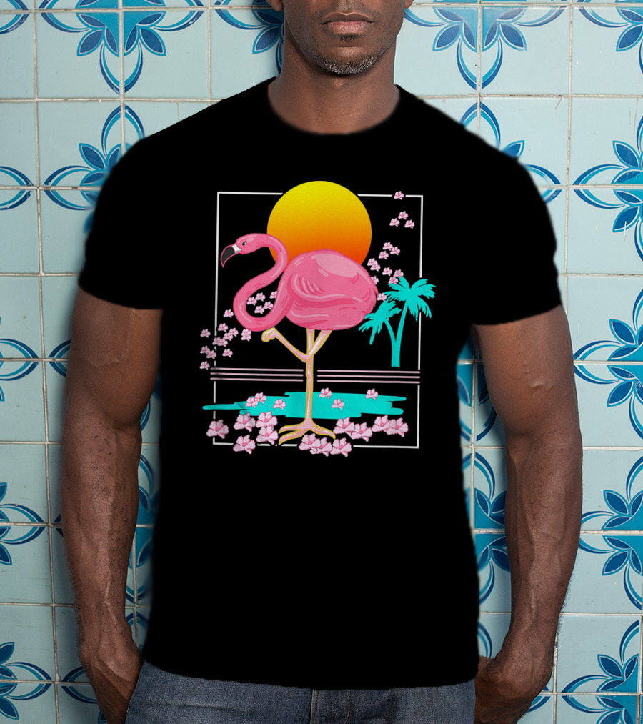 Flamingo Tropical Flowers And Sunset Scene T-Shirt