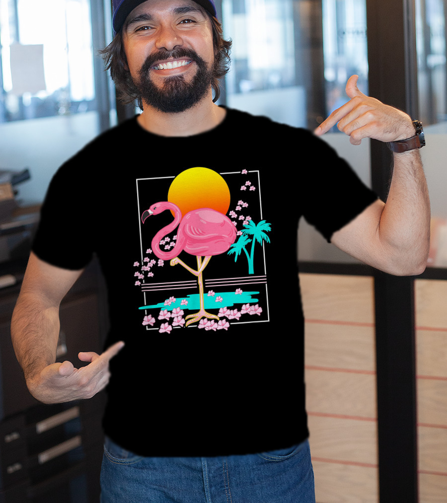 Flamingo Tropical Flowers And Sunset Scene T-Shirt