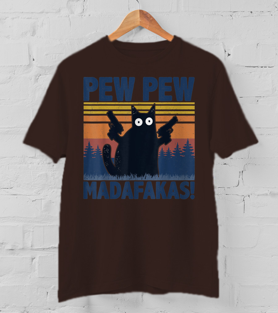 Pew Pew Madafakas Funny Vintage Cat With Guns Retro Forest Background T-Shirt