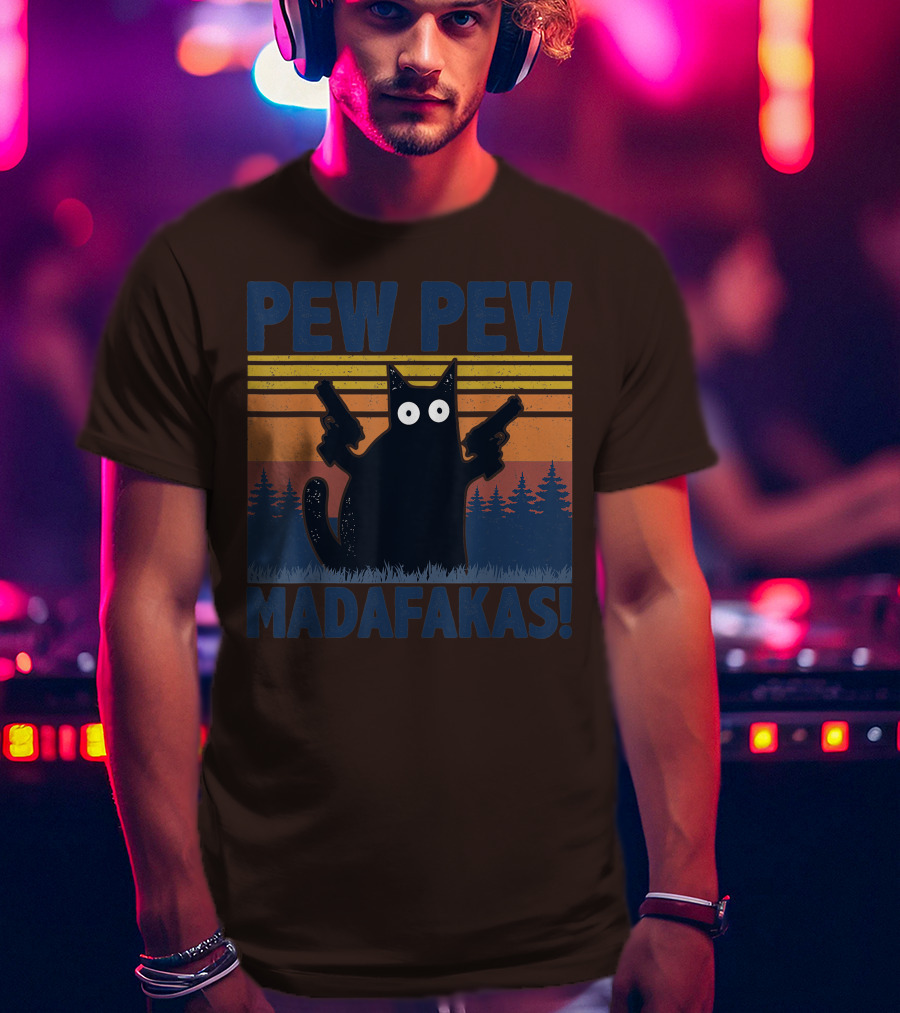 Pew Pew Madafakas Funny Vintage Cat With Guns Retro Forest Background T-Shirt