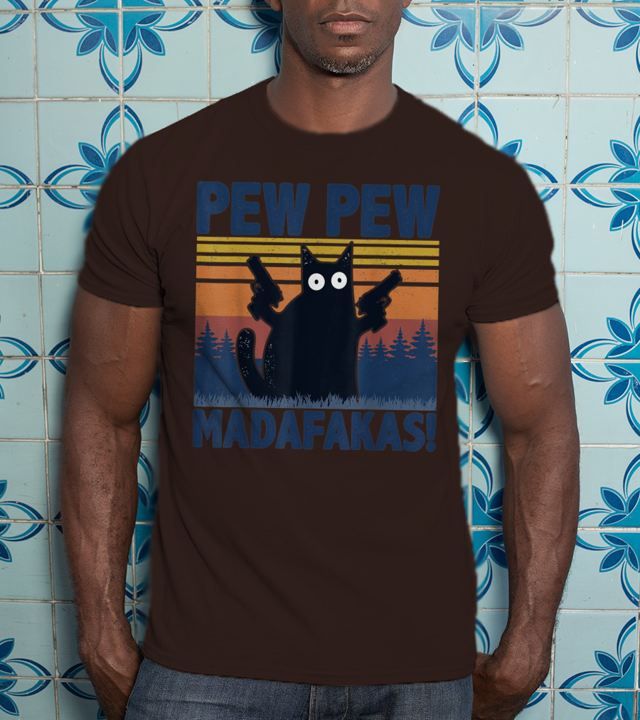 Pew Pew Madafakas Funny Vintage Cat With Guns Retro Forest Background T-Shirt