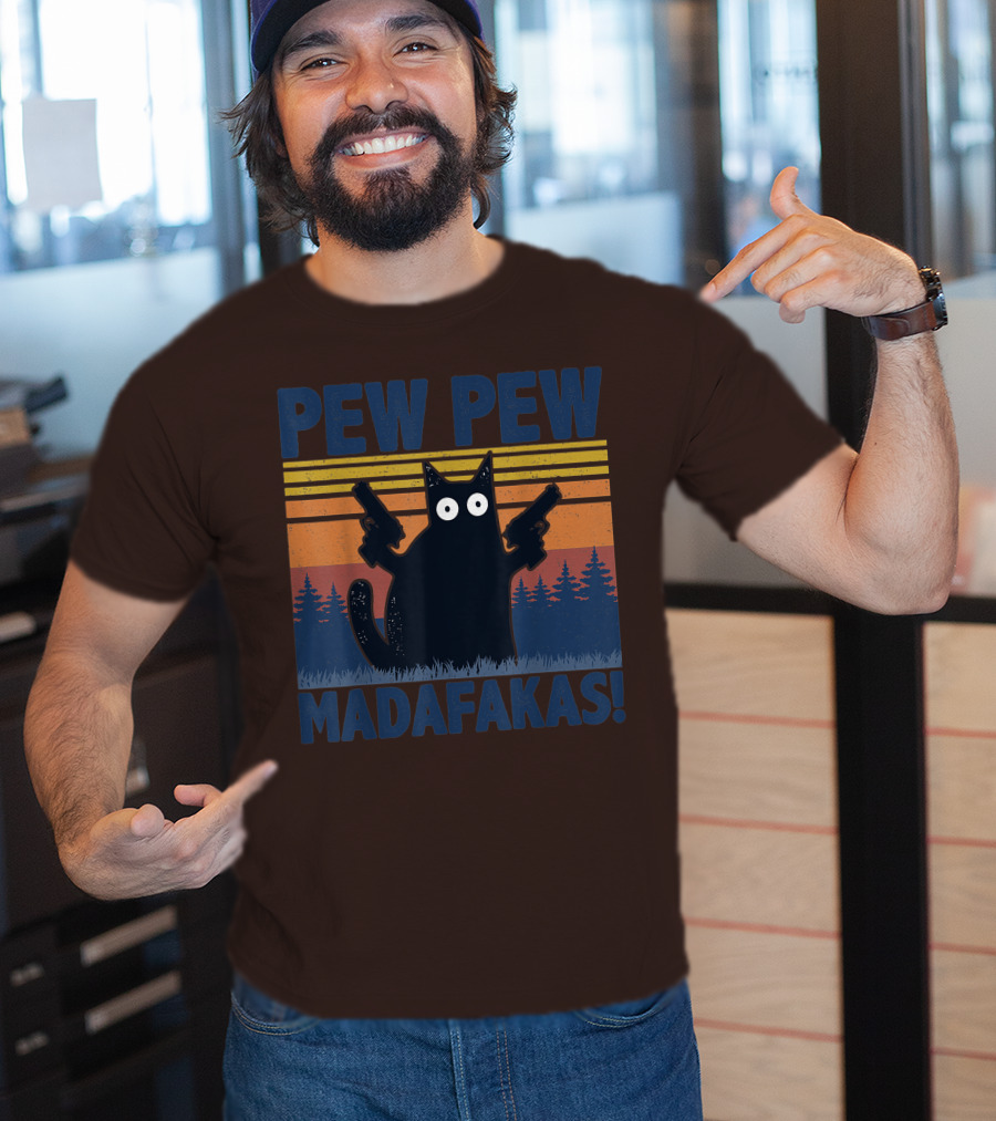 Pew Pew Madafakas Funny Vintage Cat With Guns Retro Forest Background T-Shirt