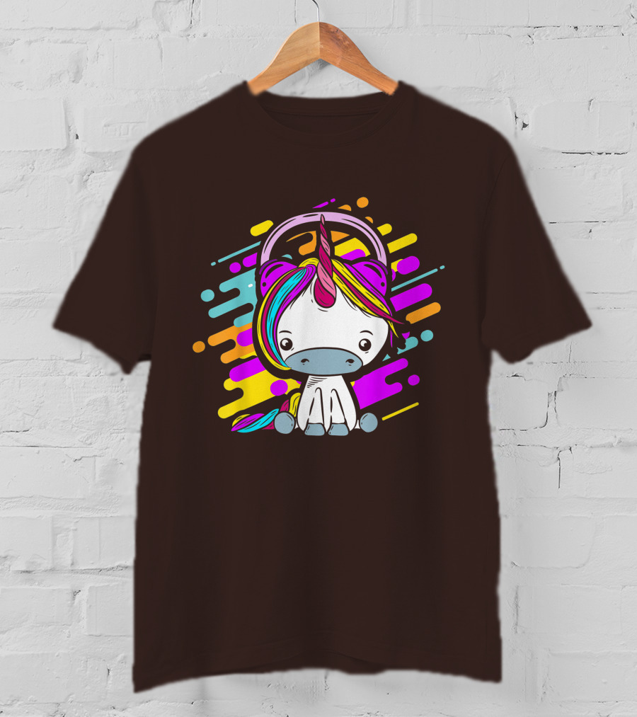 Cute Rainbow Unicorn Headphones Music T-Shirt