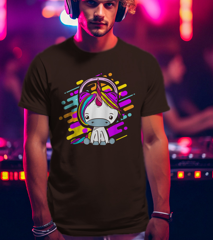 Cute Rainbow Unicorn Headphones Music T-Shirt