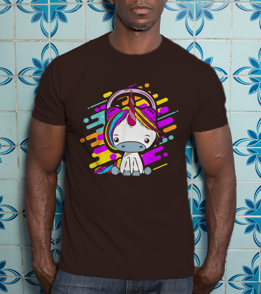 Cute Rainbow Unicorn Headphones Music T-Shirt