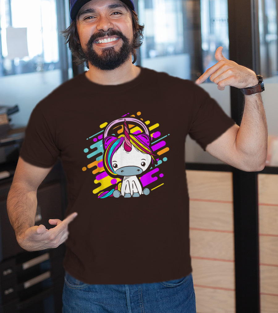 Cute Rainbow Unicorn Headphones Music T-Shirt