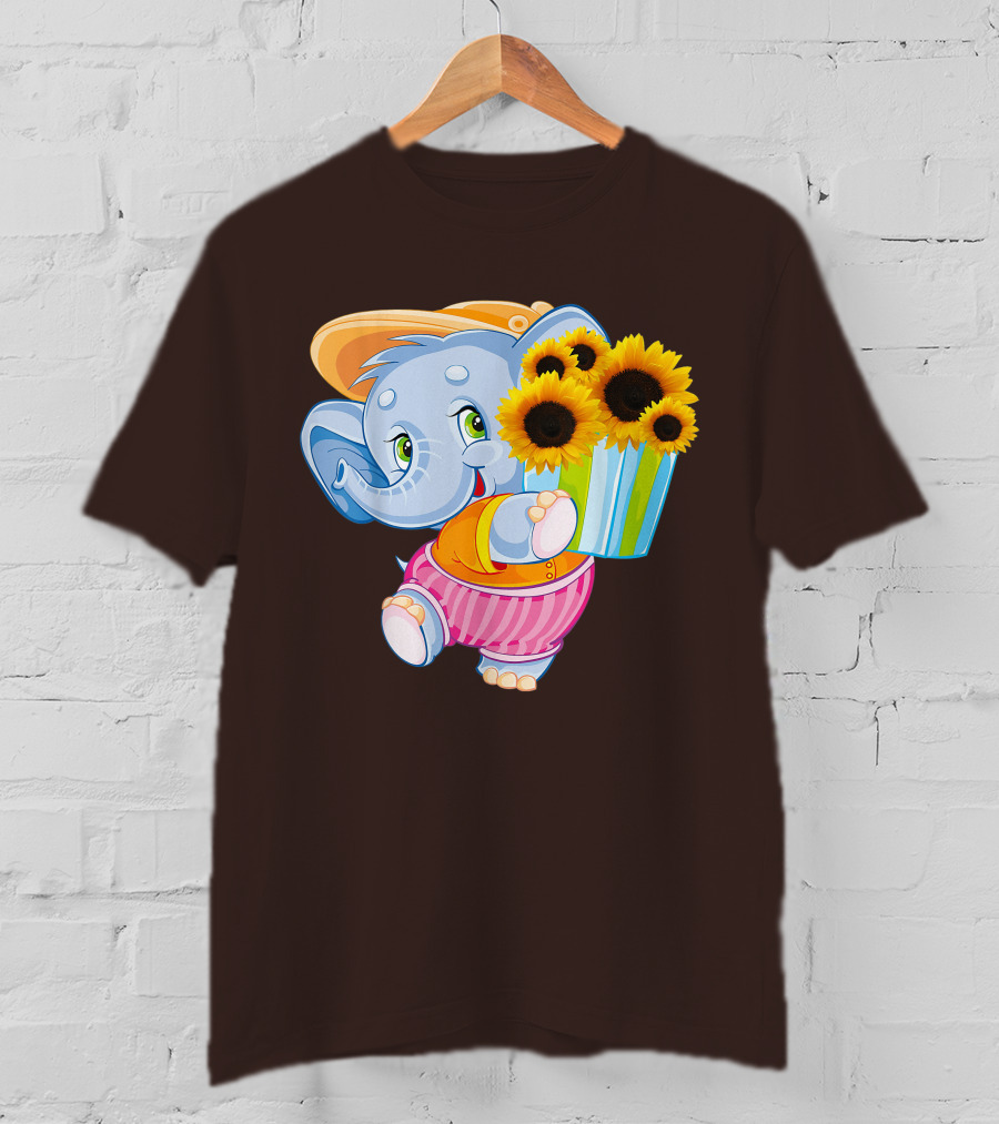 Cute Baby Elephant With Sunflowers And Pink Striped Shorts T-Shirt