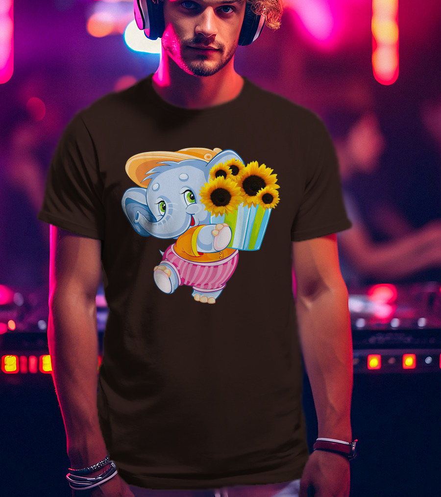 Cute Baby Elephant With Sunflowers And Pink Striped Shorts T-Shirt
