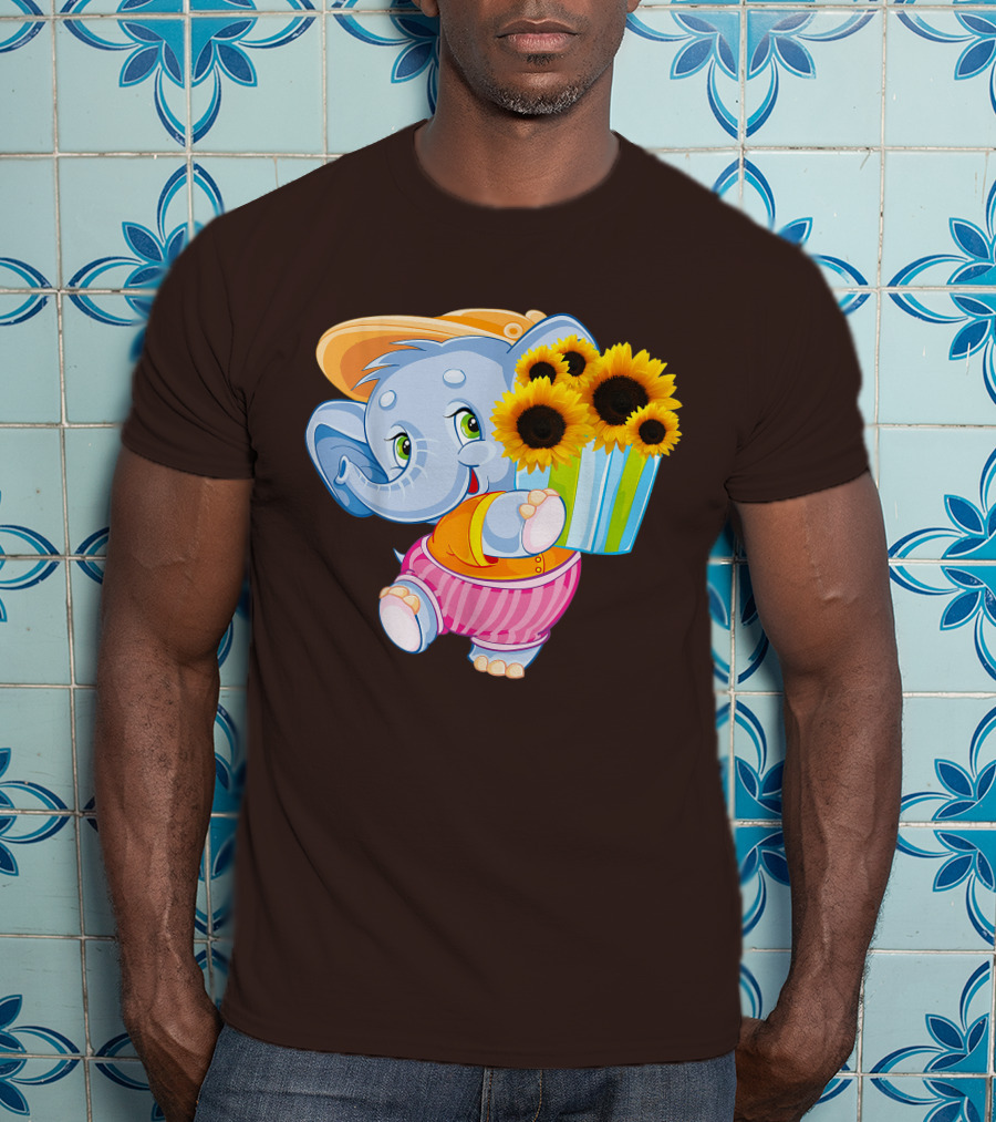 Cute Baby Elephant With Sunflowers And Pink Striped Shorts T-Shirt