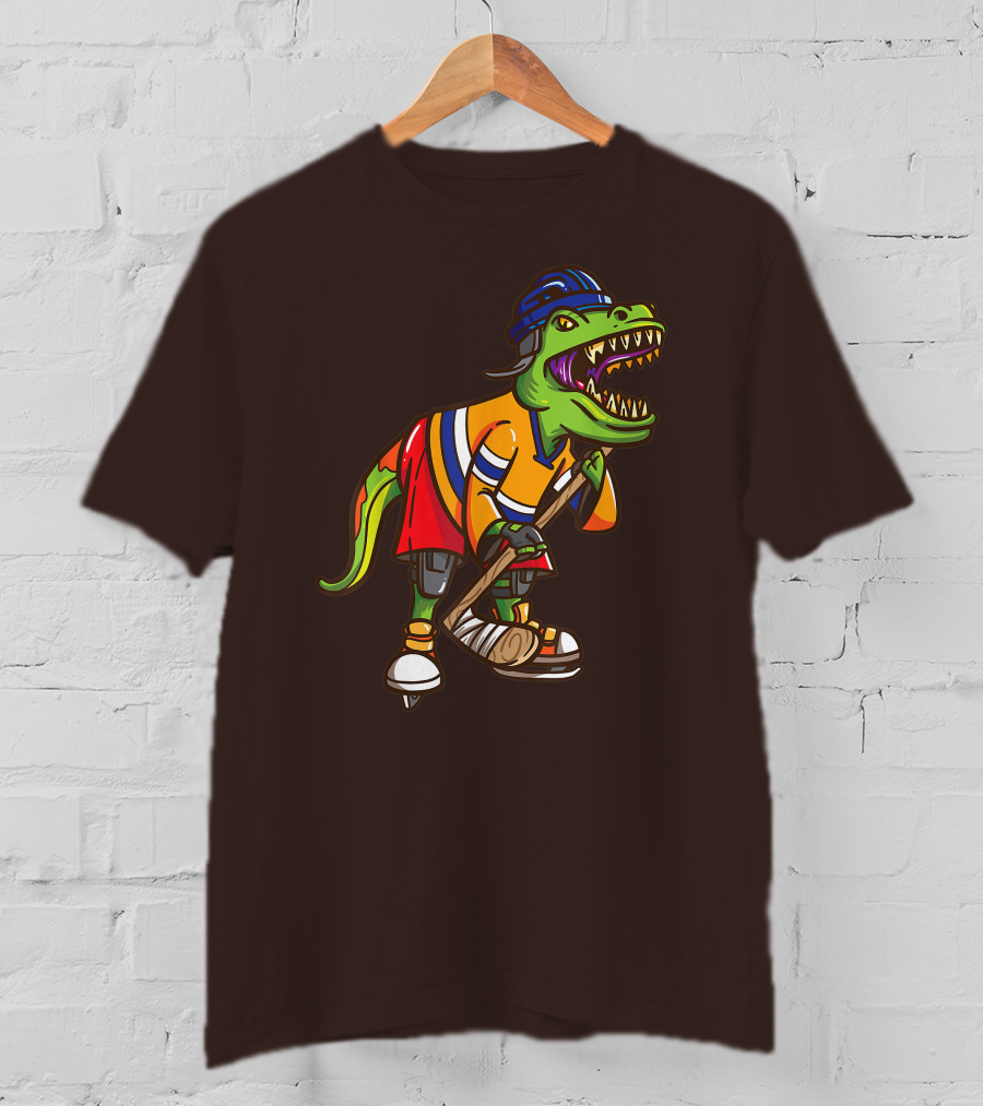 Roller Skates Hockey Dinosaur In Uniform With Stick And Helmet T-Shirt