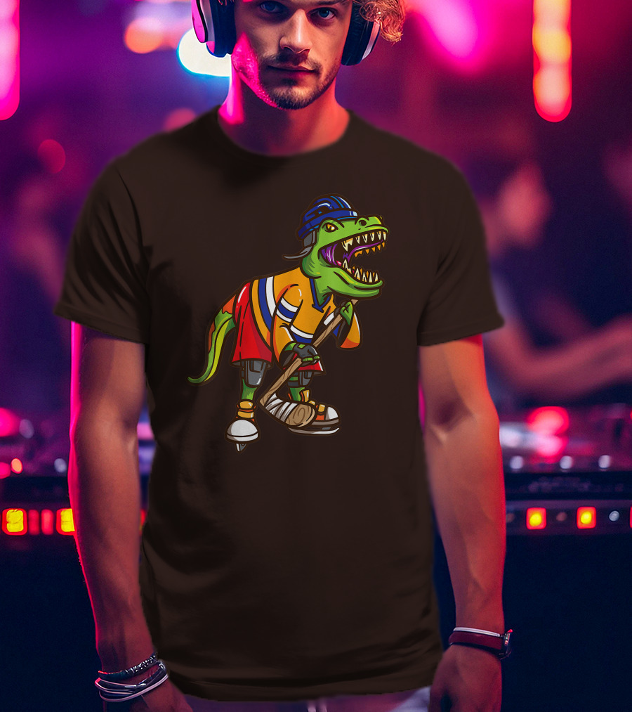 Roller Skates Hockey Dinosaur In Uniform With Stick And Helmet T-Shirt