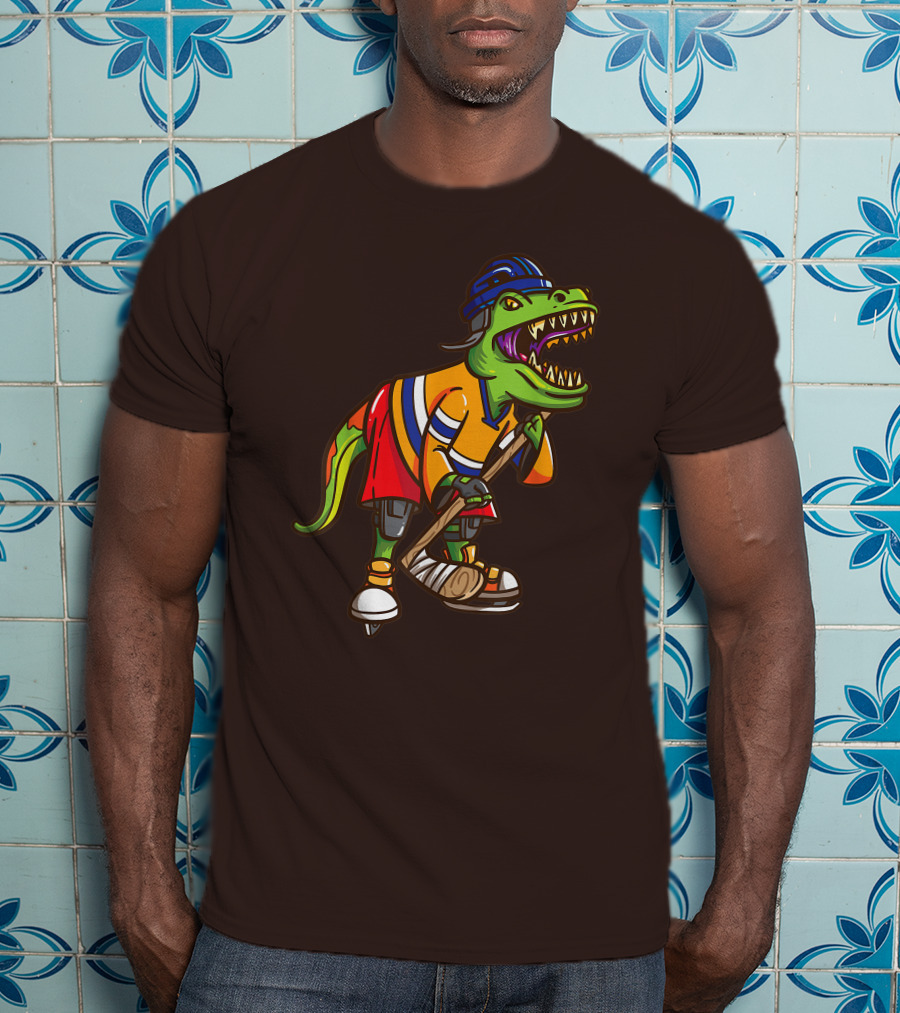 Roller Skates Hockey Dinosaur In Uniform With Stick And Helmet T-Shirt