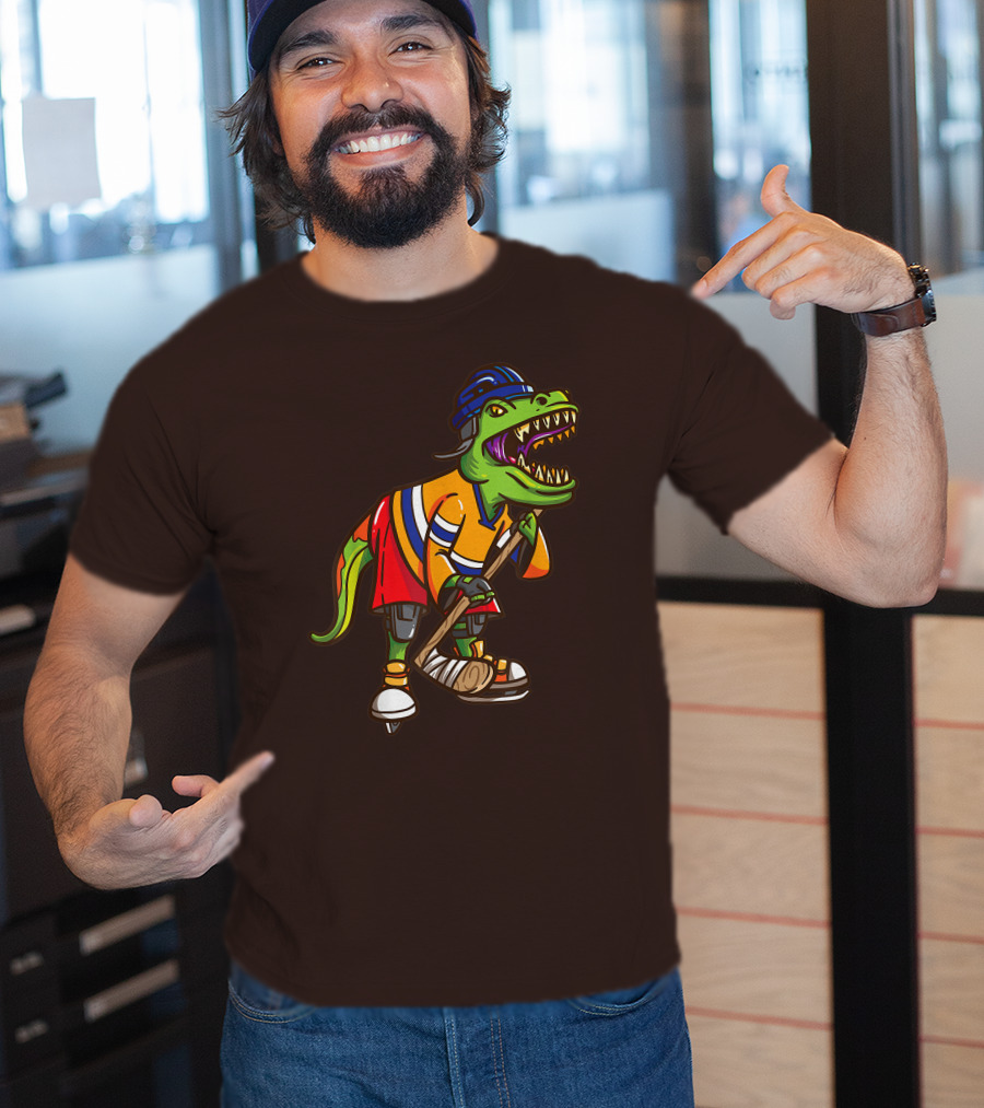 Roller Skates Hockey Dinosaur In Uniform With Stick And Helmet T-Shirt