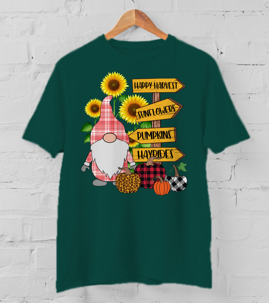Happy Harvest Sunflowers Pumpkins Hayrides Gnome T-Shirt