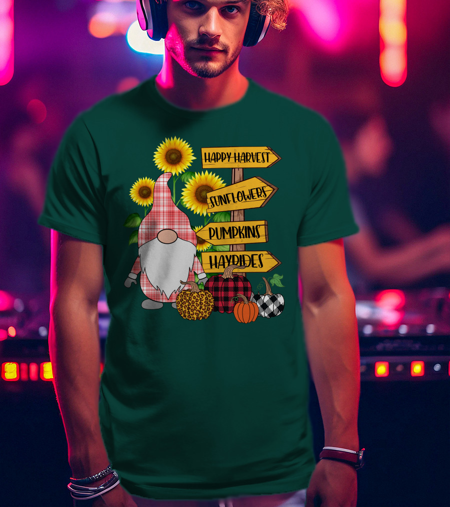 Happy Harvest Sunflowers Pumpkins Hayrides Gnome T-Shirt