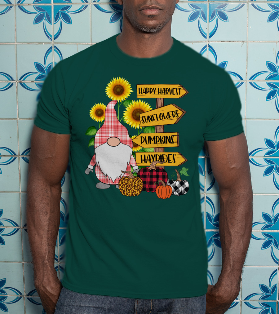Happy Harvest Sunflowers Pumpkins Hayrides Gnome T-Shirt
