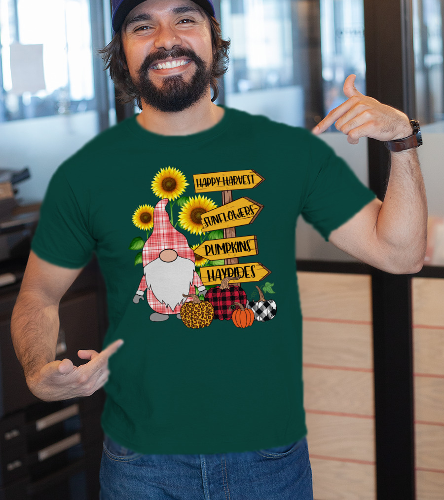 Happy Harvest Sunflowers Pumpkins Hayrides Gnome T-Shirt