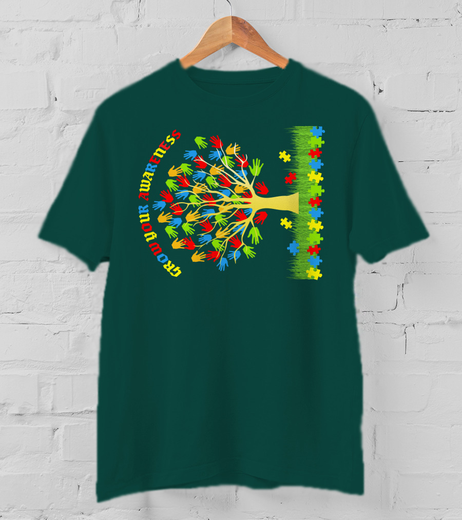 Grow Your Awareness Tree Of Colored Hands And Puzzle Pieces T-Shirt