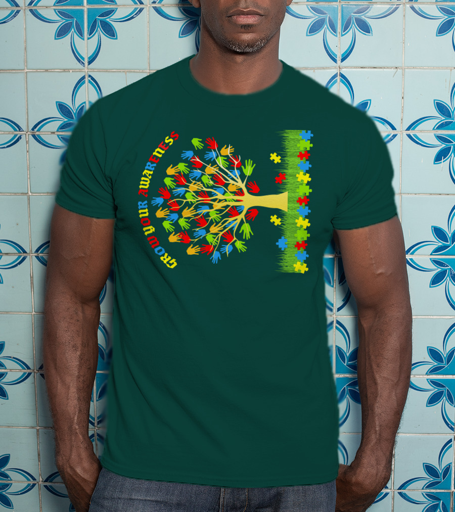 Grow Your Awareness Tree Of Colored Hands And Puzzle Pieces T-Shirt