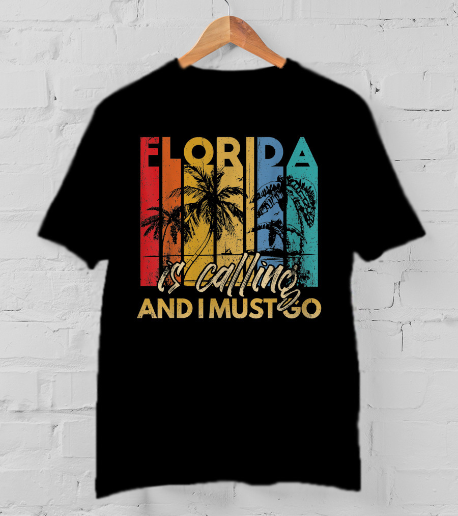 Florida Is Calling And I Must Go Beach Vacation Summer Retro Palm Trees T-Shirt