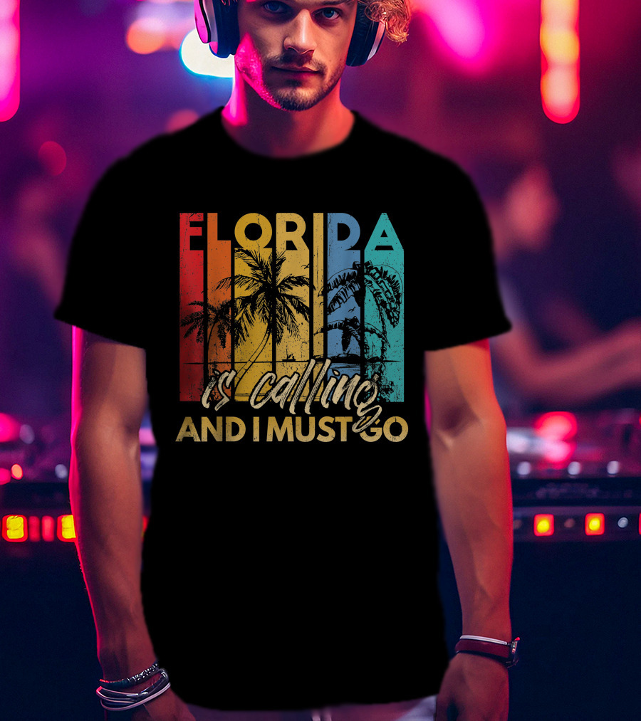 Florida Is Calling And I Must Go Beach Vacation Summer Retro Palm Trees T-Shirt