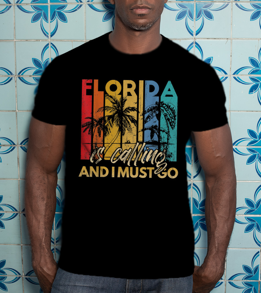 Florida Is Calling And I Must Go Beach Vacation Summer Retro Palm Trees T-Shirt