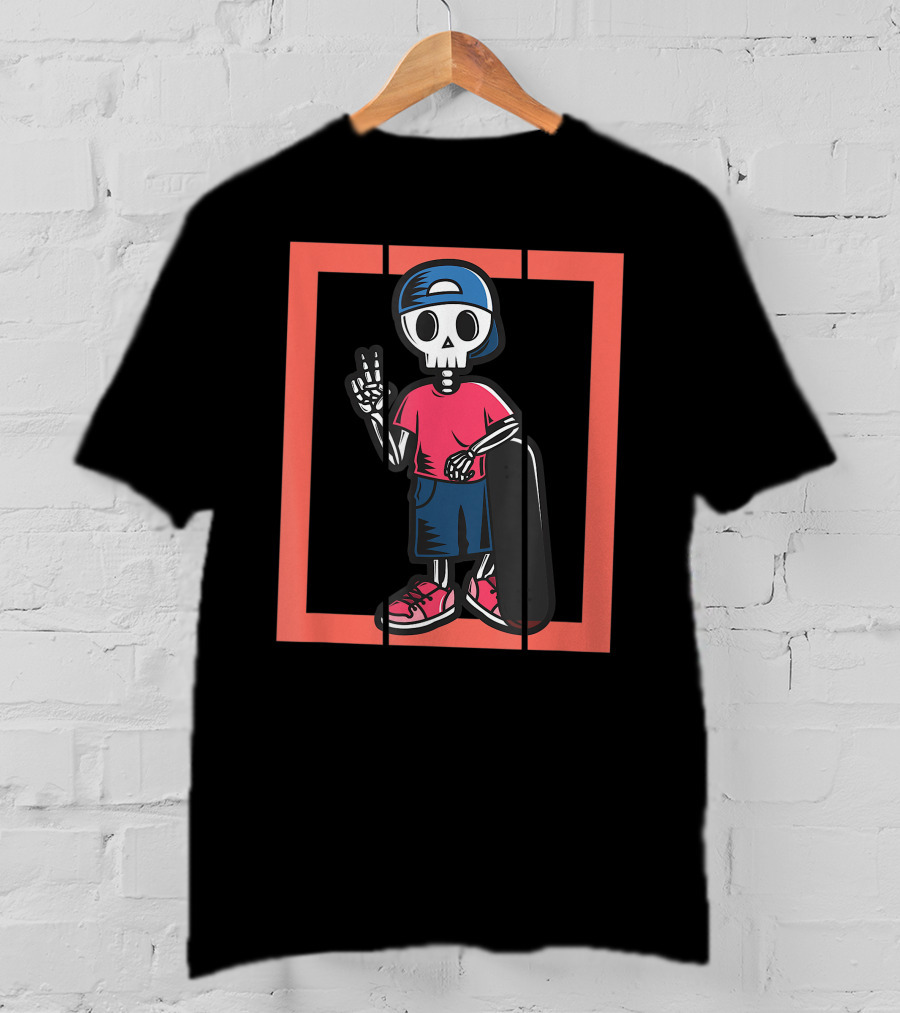 Scary Freaky Spooky Creepy Halloween Skeleton Skater Kid In Cap And Red Sneakers T-Shirt