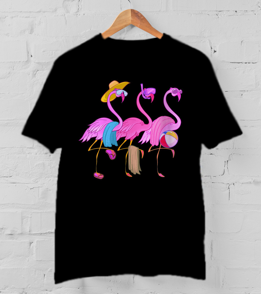 Funny Beach Flamingos Towels Cool Summer Bird Fan With Hat And Beach Ball T-Shirt