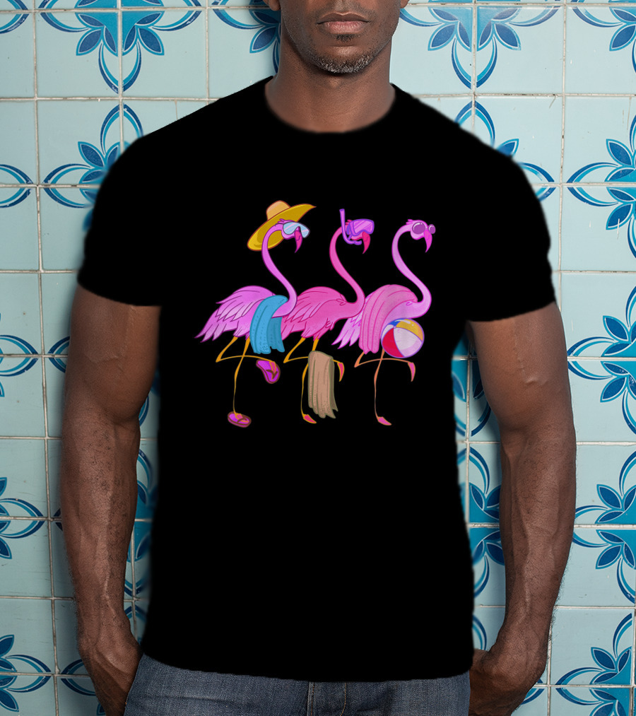 Funny Beach Flamingos Towels Cool Summer Bird Fan With Hat And Beach Ball T-Shirt