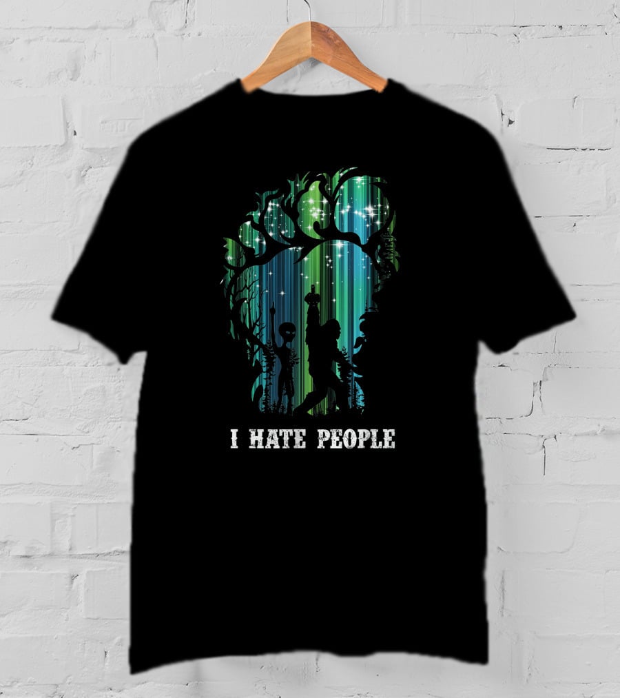 Alien Bigfoot Middle Finger I Hate People Camping Forest Scene T-Shirt