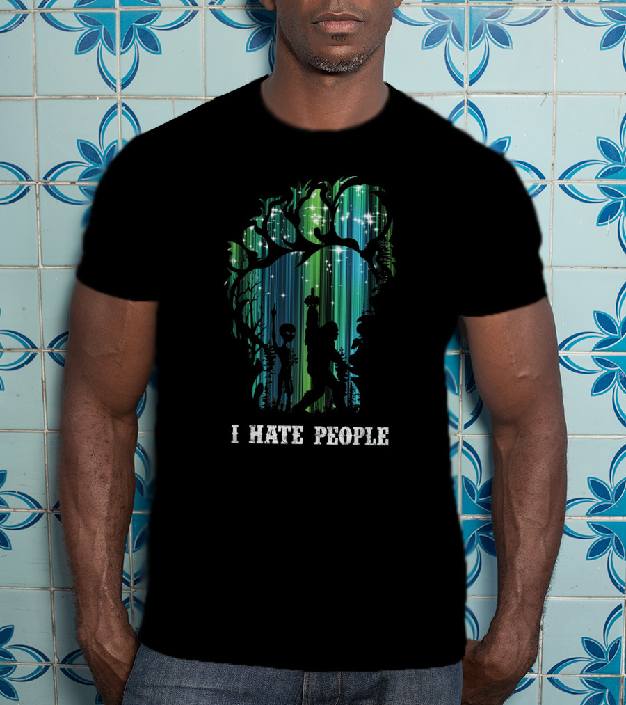 Alien Bigfoot Middle Finger I Hate People Camping Forest Scene T-Shirt