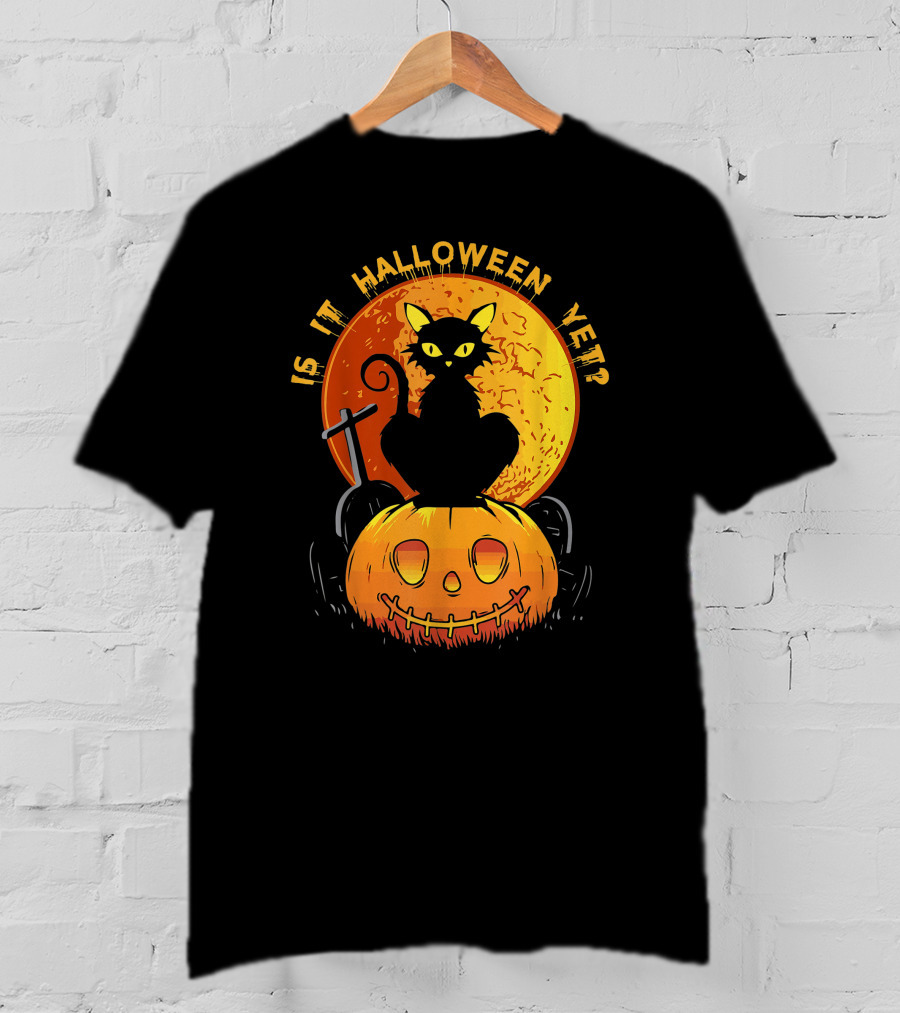 Is It Halloween Yet Funny Cat Pumpkin With Full Moon And Witch's Broom T-Shirt