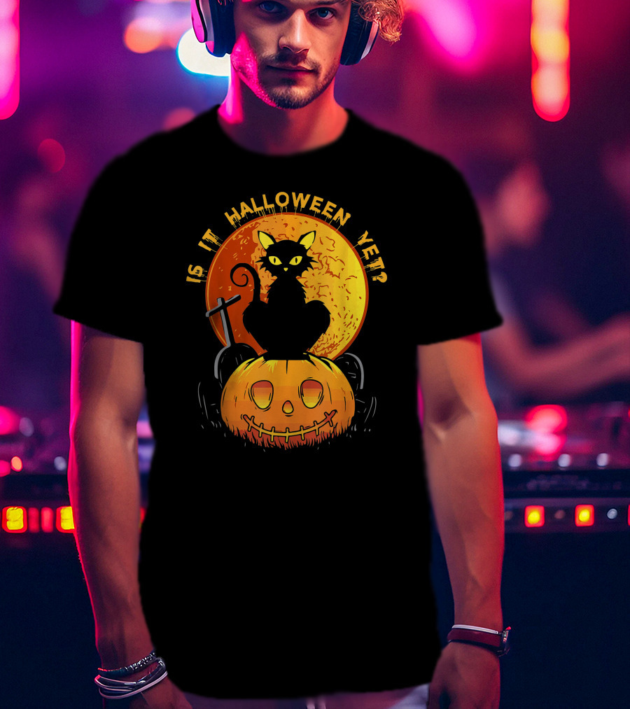 Is It Halloween Yet Funny Cat Pumpkin With Full Moon And Witch's Broom T-Shirt