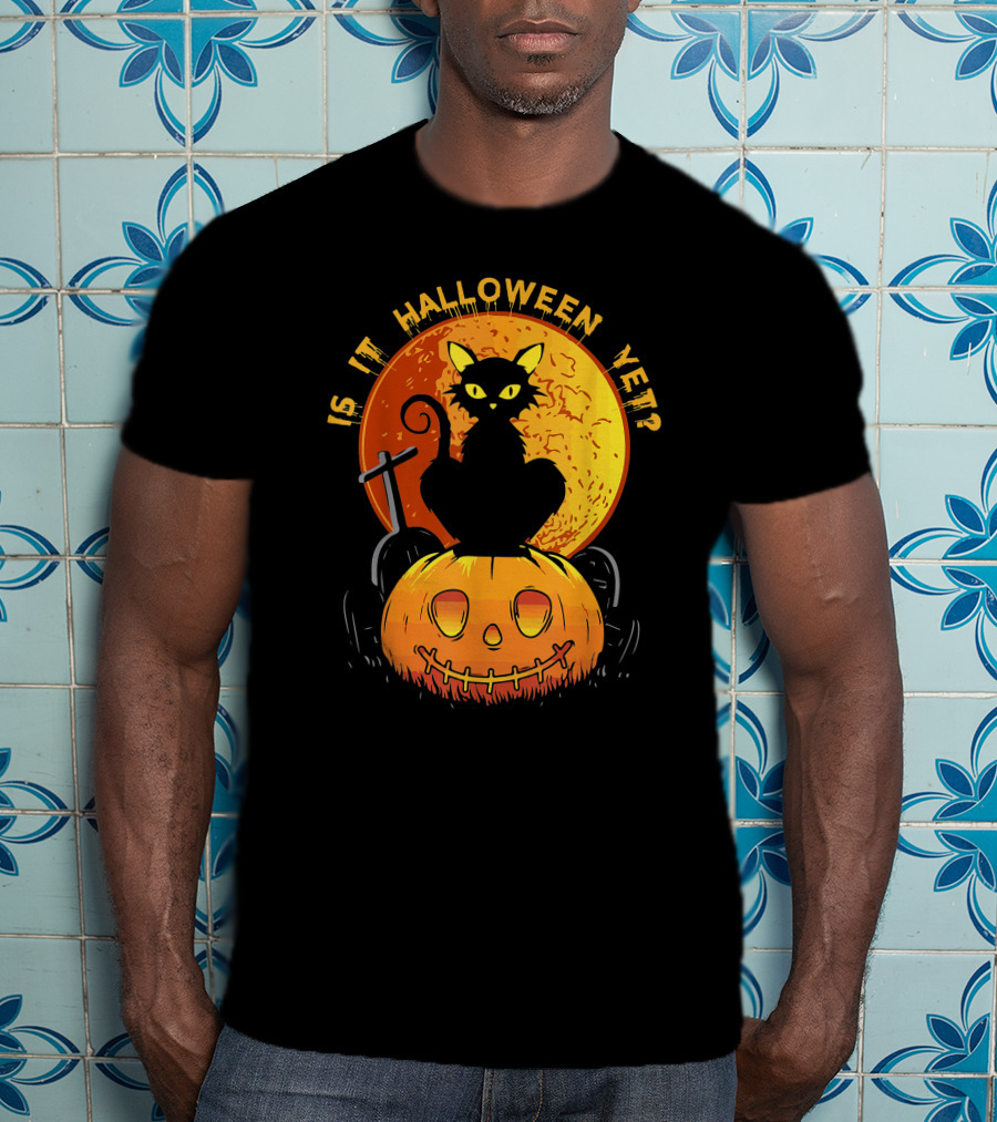 Is It Halloween Yet Funny Cat Pumpkin With Full Moon And Witch's Broom T-Shirt